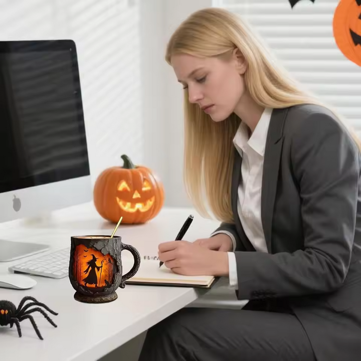 Ceralune® | Håndlavet 3D Halloween Sjov Krus – Heks & Kat Design
