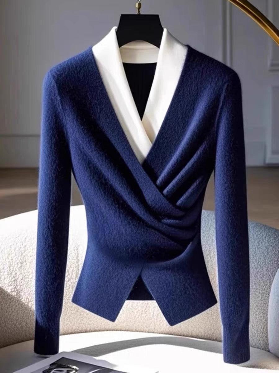 Tabea® | Blå V-hals Pullover med lange ærmer