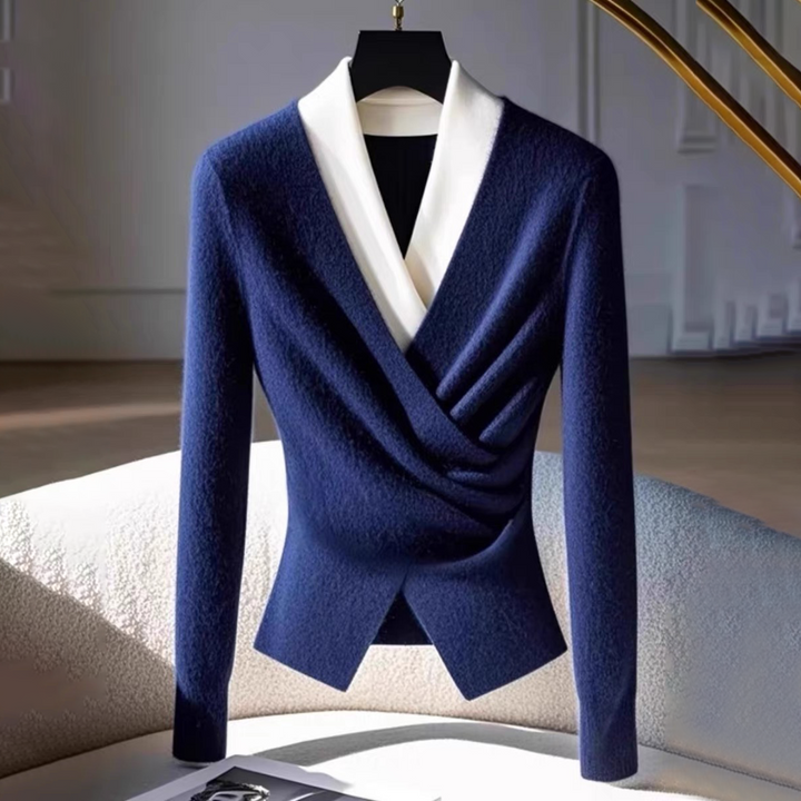 Tabea® | Blå V-hals Pullover med lange ærmer