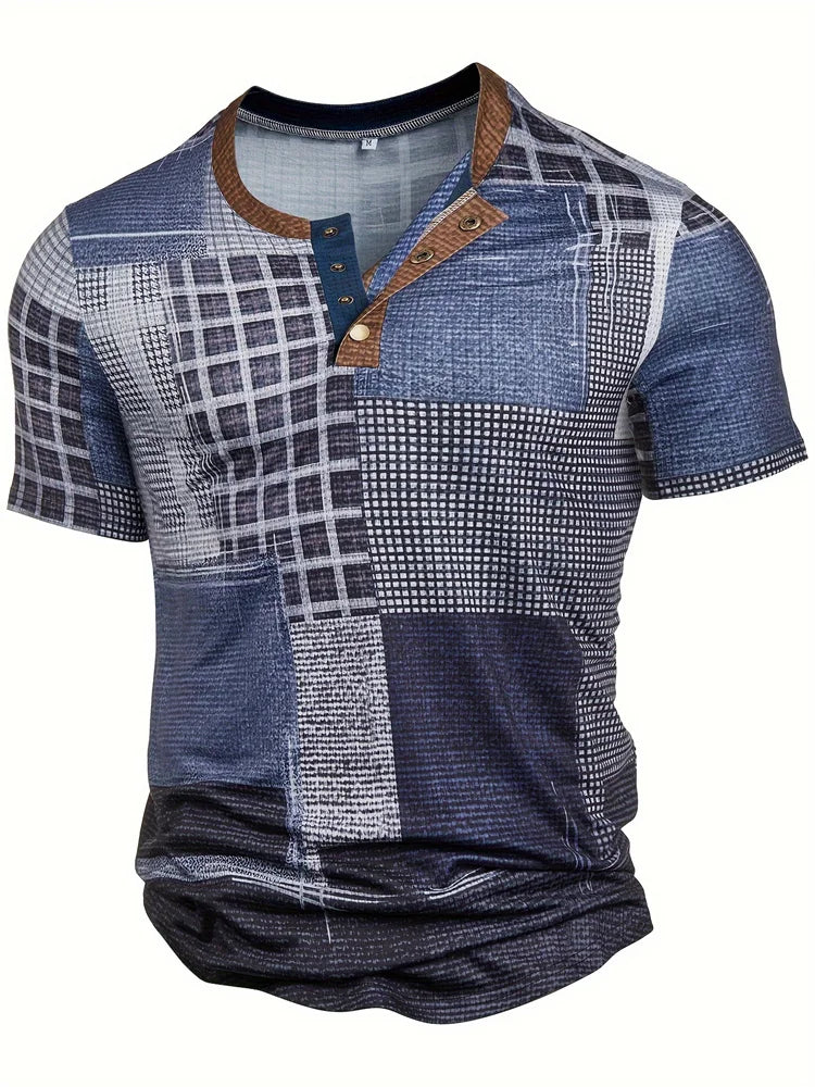 Asger® | Stilfuld Patchwork Print Henley Skjorte