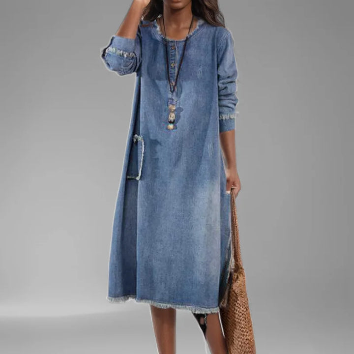 Liselotte® | Løs Denim Kjole med Lange Ærmer