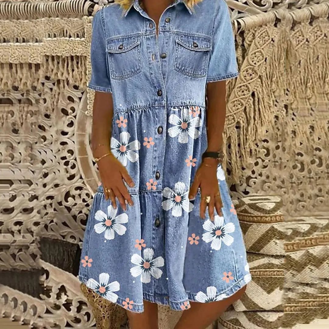 Helle® | Boho Denimkjole med Blomster