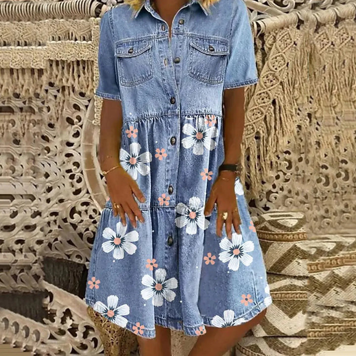 Helle® | Boho Denimkjole med Blomster