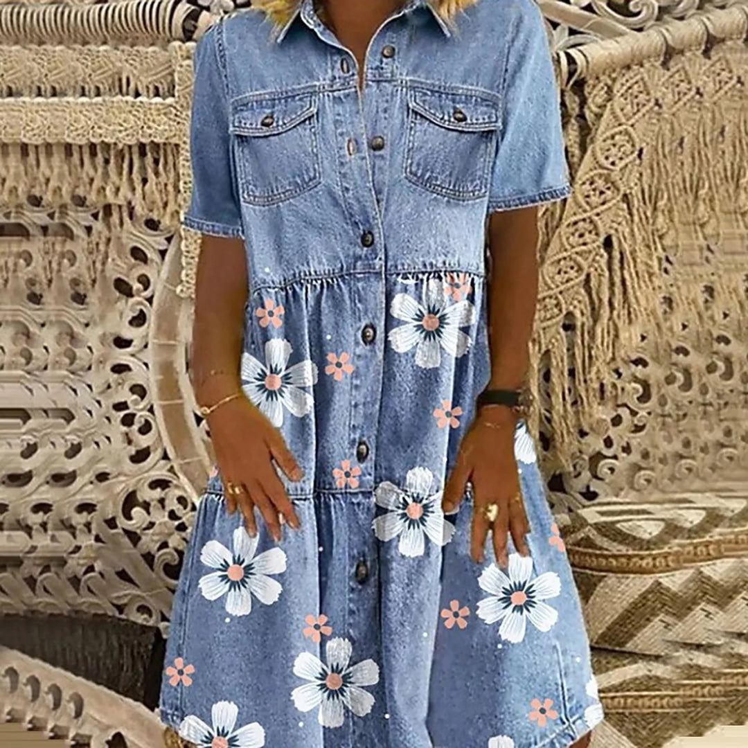 Helle® | Boho Denimkjole med Blomster