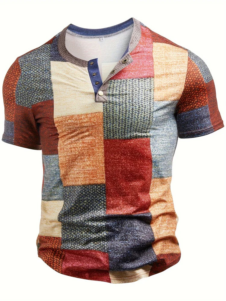 Asger® | Stilfuld Patchwork Print Henley Skjorte