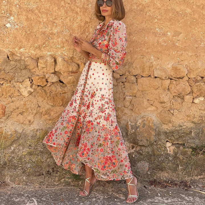 Frida® | Elegant Blomstret Print Krave Maxi Kjole