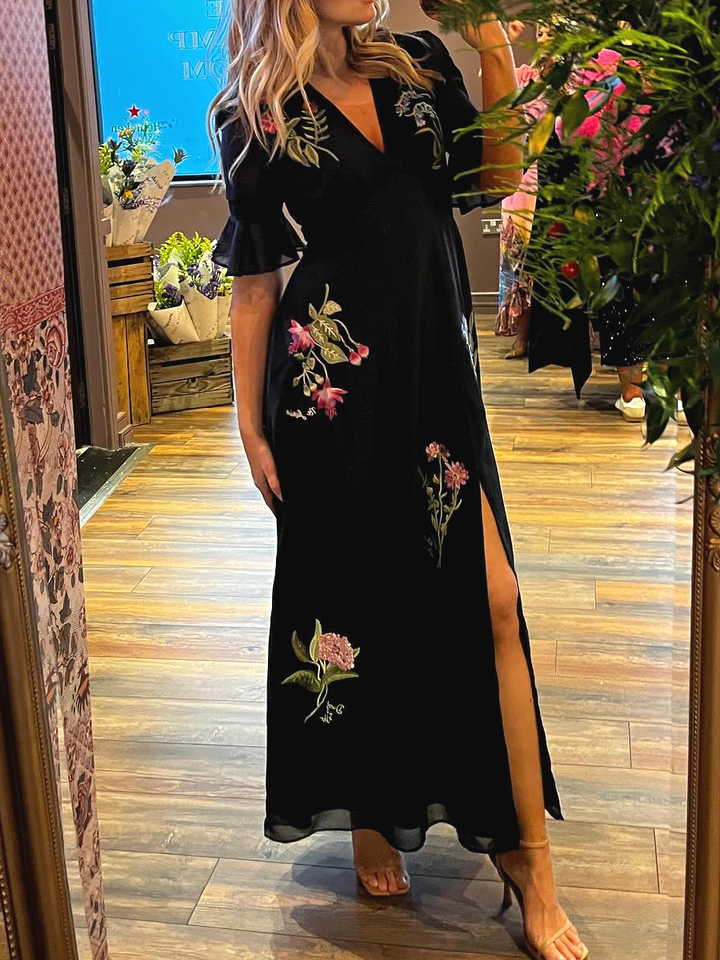 Helle® | Marineblå Blomst Broderi Elegant Kjole