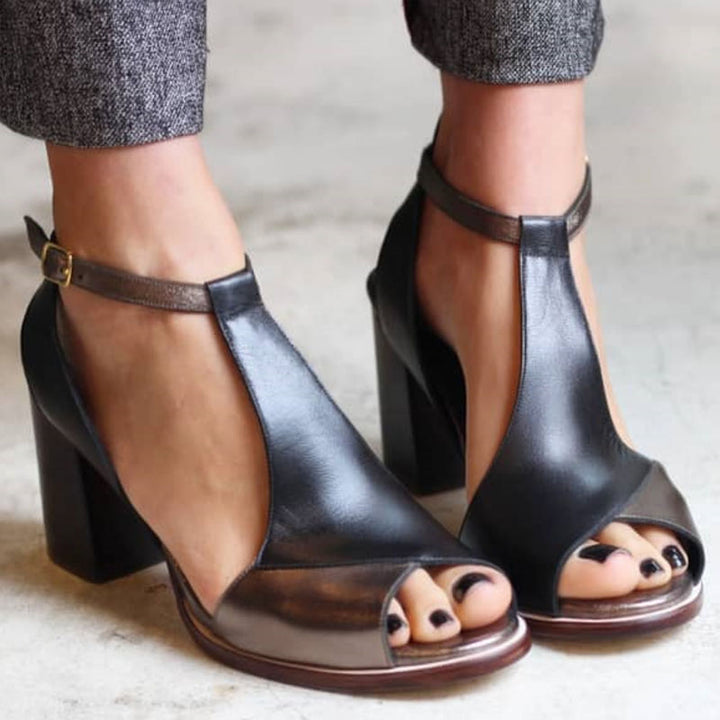 Thirina® | Sorte peep toe patchwork sandaler med hæl
