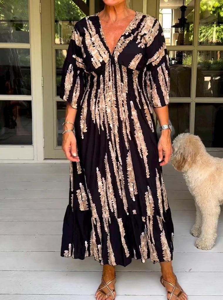 Dagna® | Retro 3/4 Ærme Print Midi Kjole