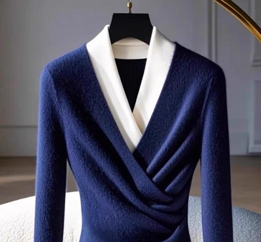 Tabea® | Blå V-hals Pullover med lange ærmer