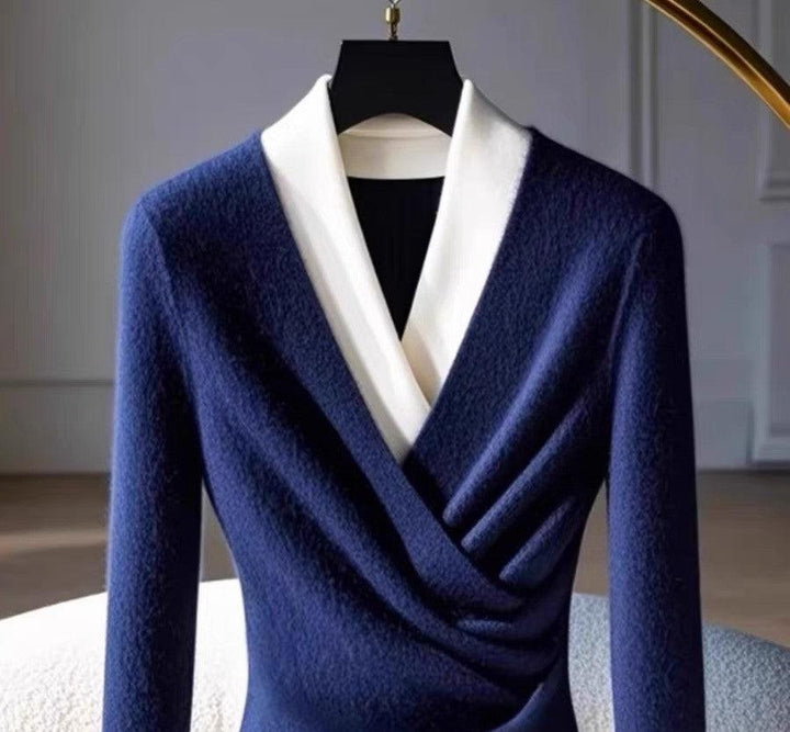 Tabea® | Blå V-hals Pullover med lange ærmer